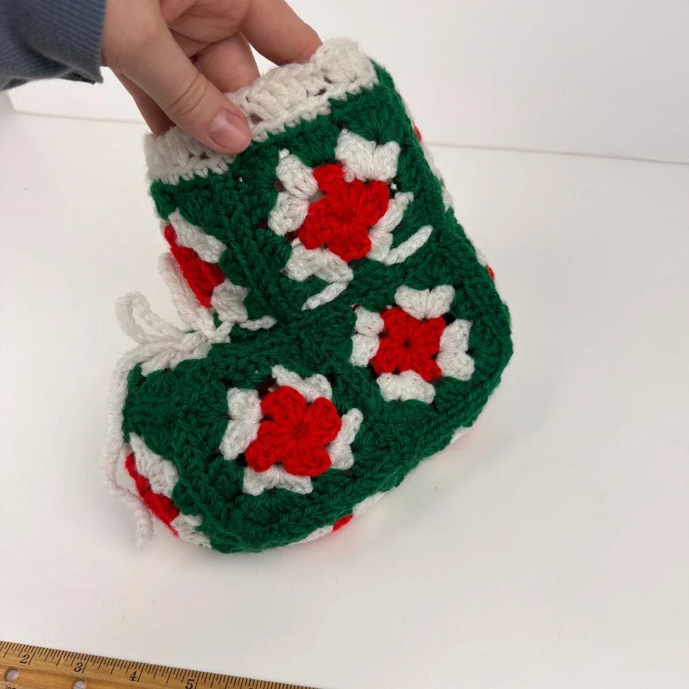 Vtg Small‎ Granny Square Red Green White Yarn Christmas Holiday Stocking Decor